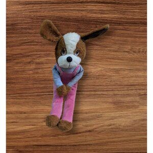 Vintage knee hugger Stuffed Dog Toy Pink Corduroy Overalls & Striped Shirt 15"